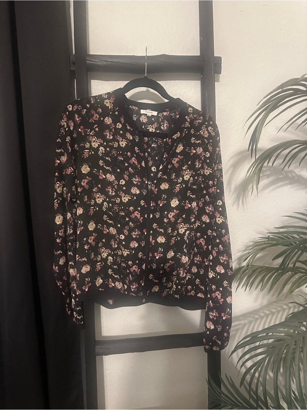 Maurices Black Floral Zip-Front Bomber Jacket